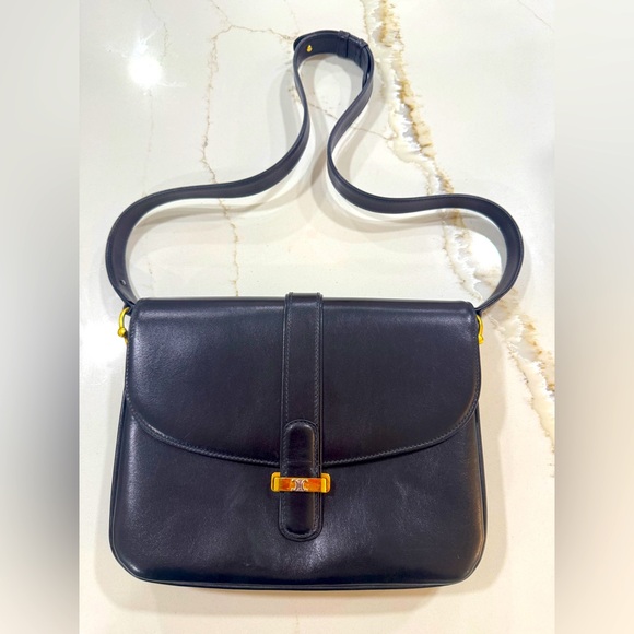 Celine Handbags - Celine Black Leather Shoulder Bag with Gold Hardware